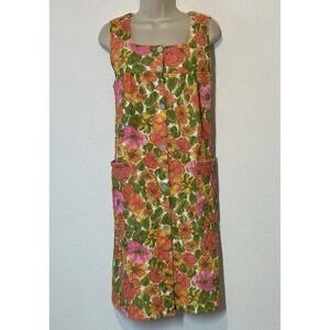 Vintage Sears 60/70s Quilted Housecoat Dress S Green Pink Floral Boho Mod Flower